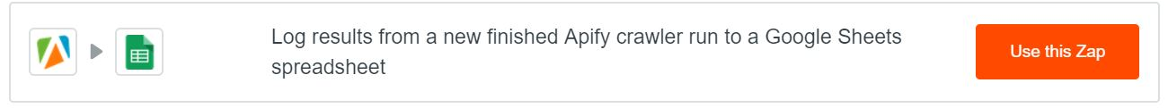 Google Sheets integration with text: "Log results from a new finished Apify crawler run to a Google Sheets spreadsheet"