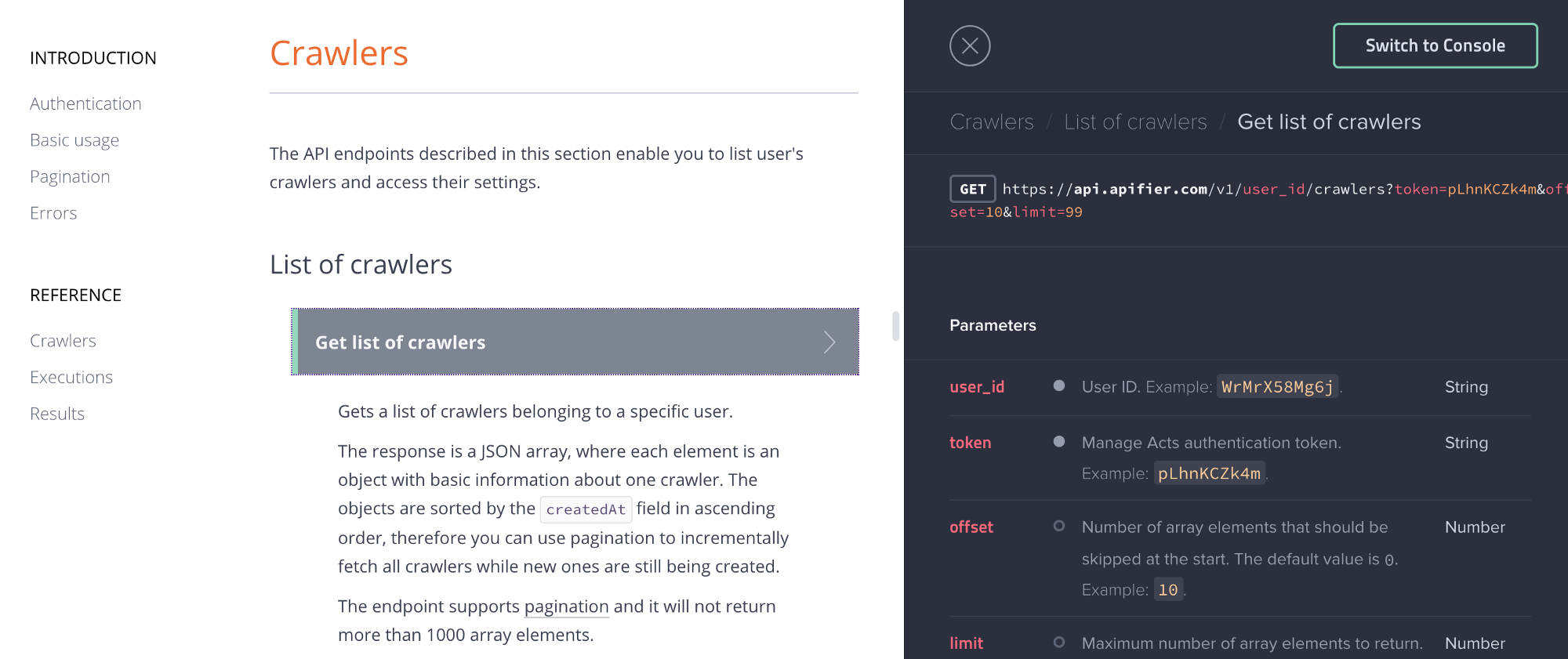 screenshot of API Reference page on Apify Docs