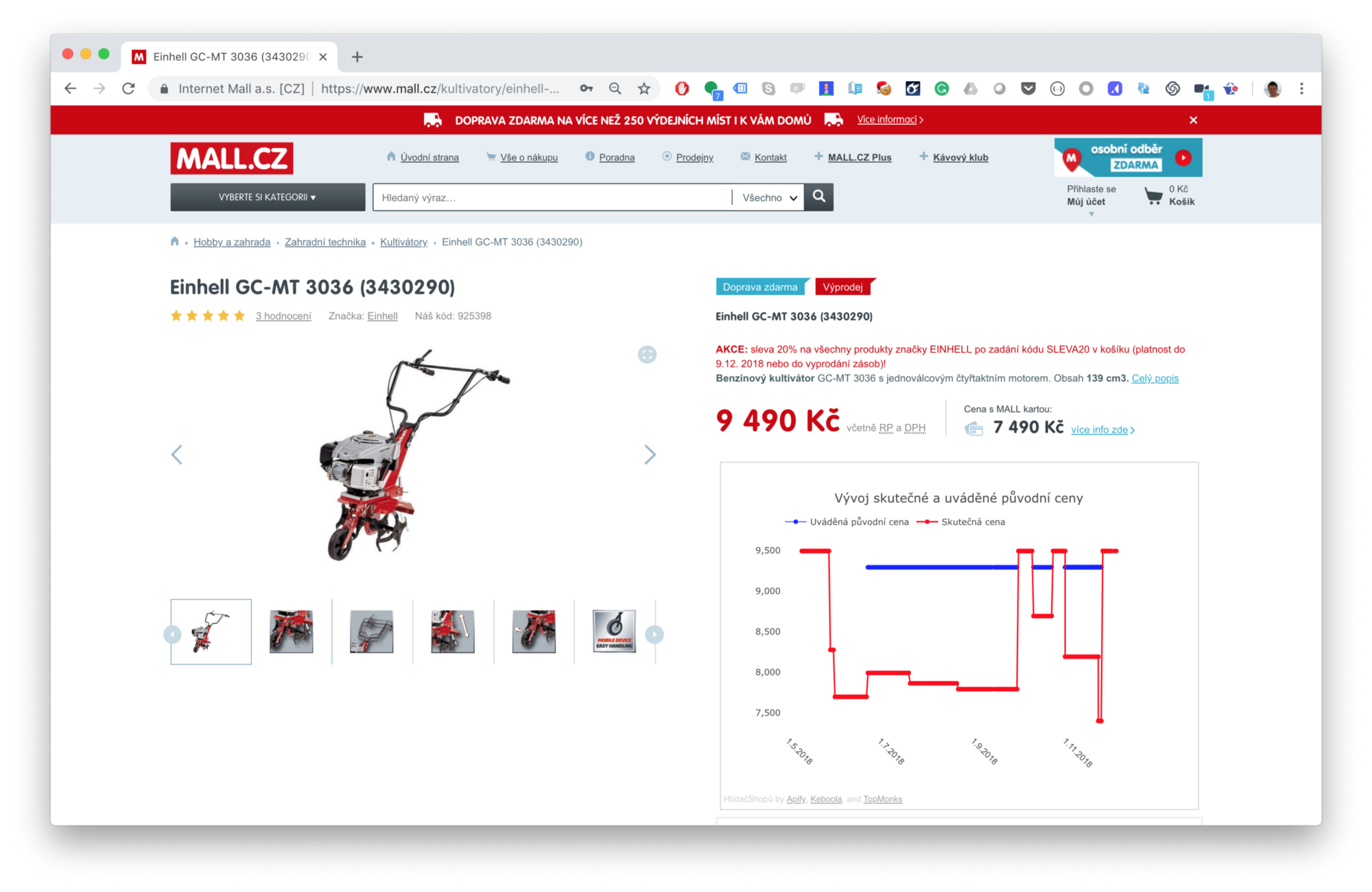 snímek obrazovky kultivátoru, který se prodáva za cenu 9490 Kč na webu mall.cz