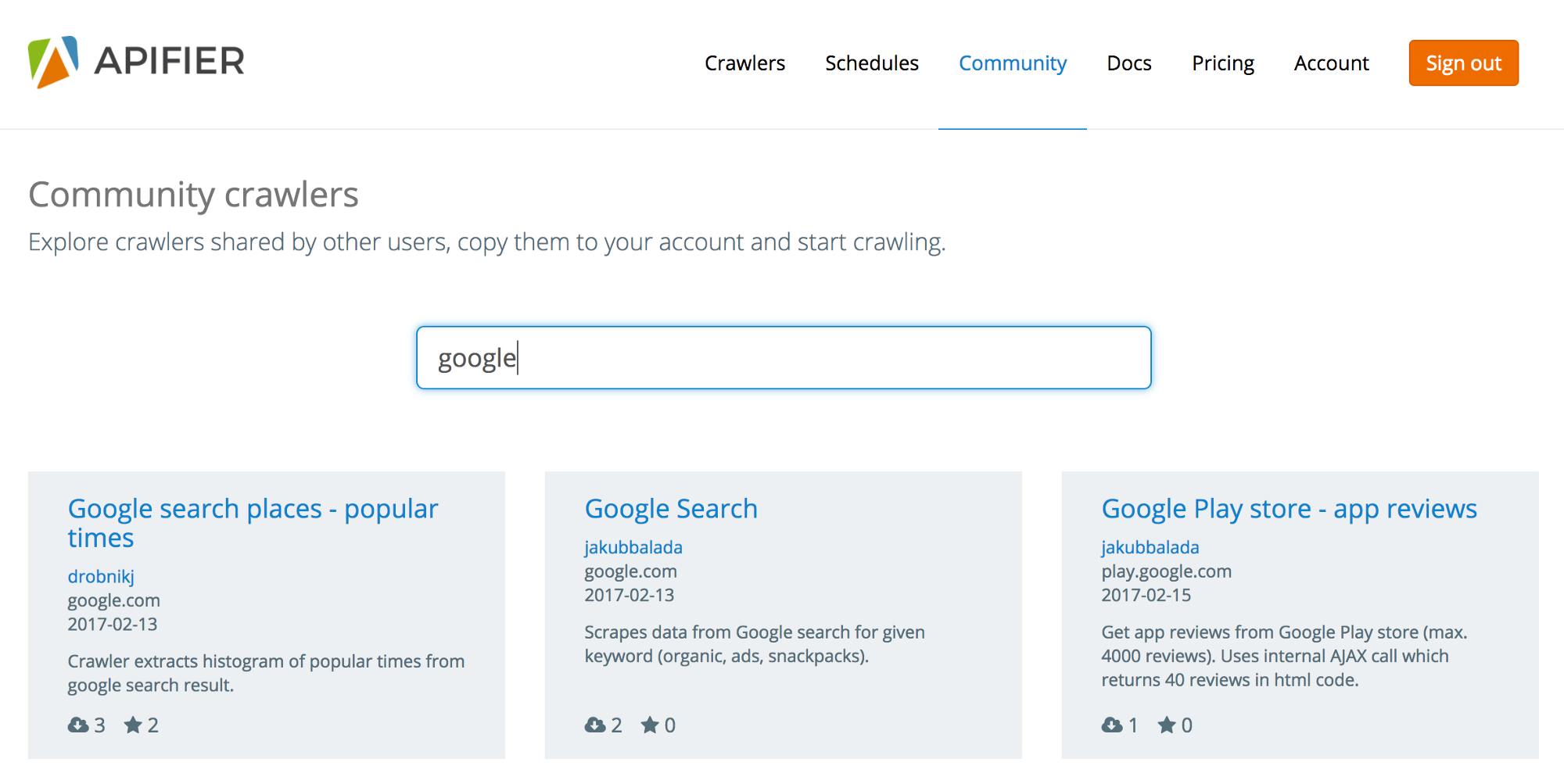 Apify community crawiers