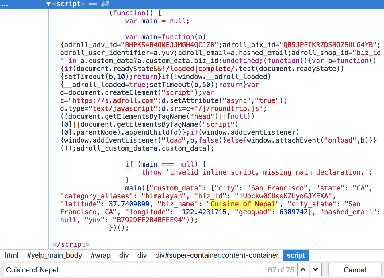 Inspecting a script on the browsers developer tools.