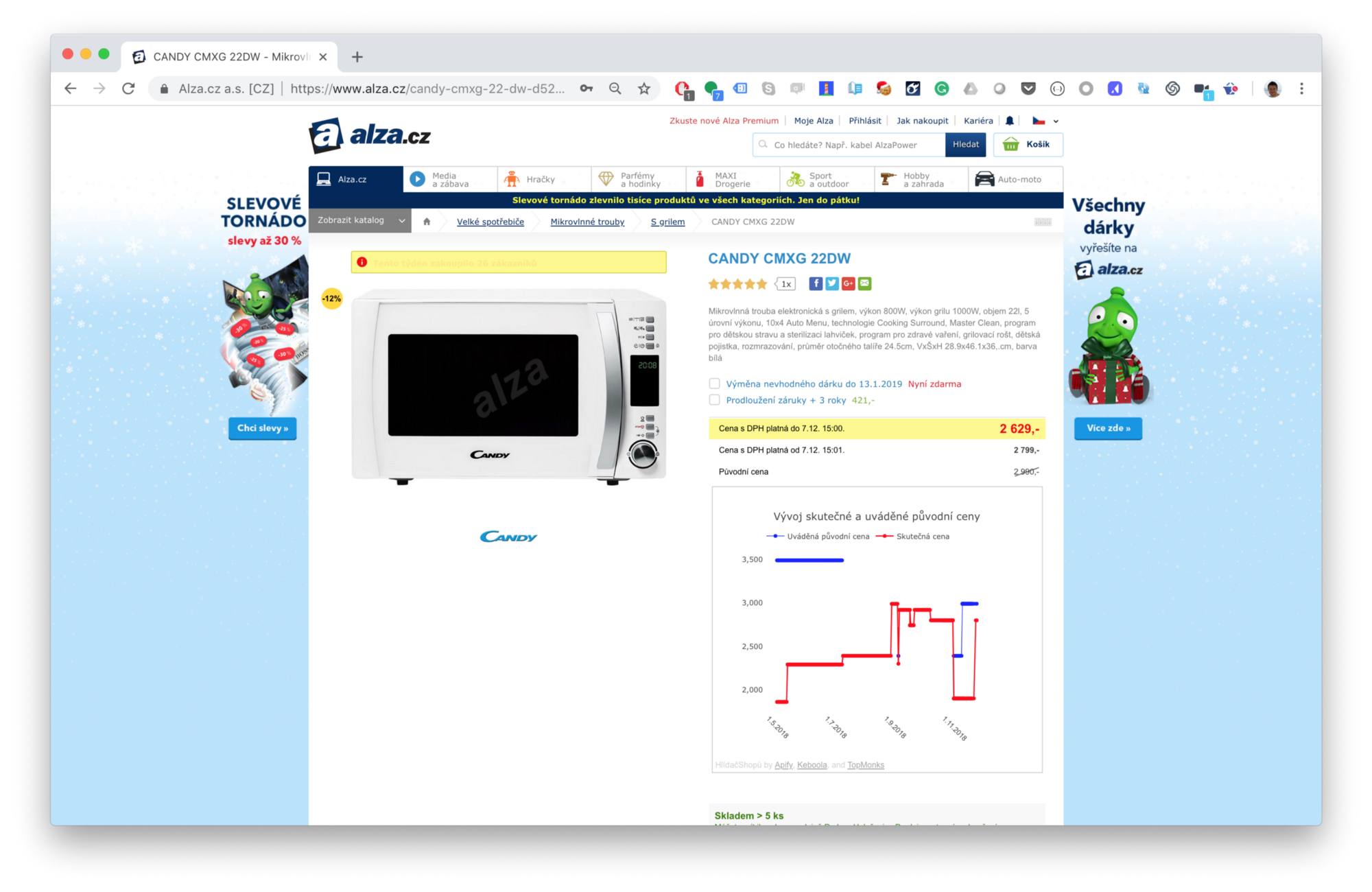 snímek obrazovky mikrovlnky ve výprodeji na webu alza.cz z 2990 Kč na 2629 Kč