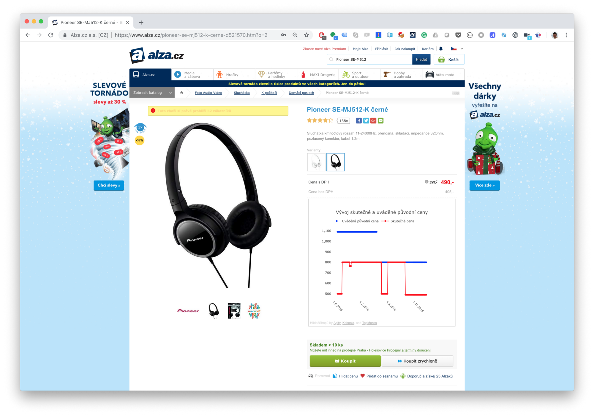 snímek obrazovky sluchátek ve výprodeji na webu alza.cz z 799 Kč na 490 Kč
