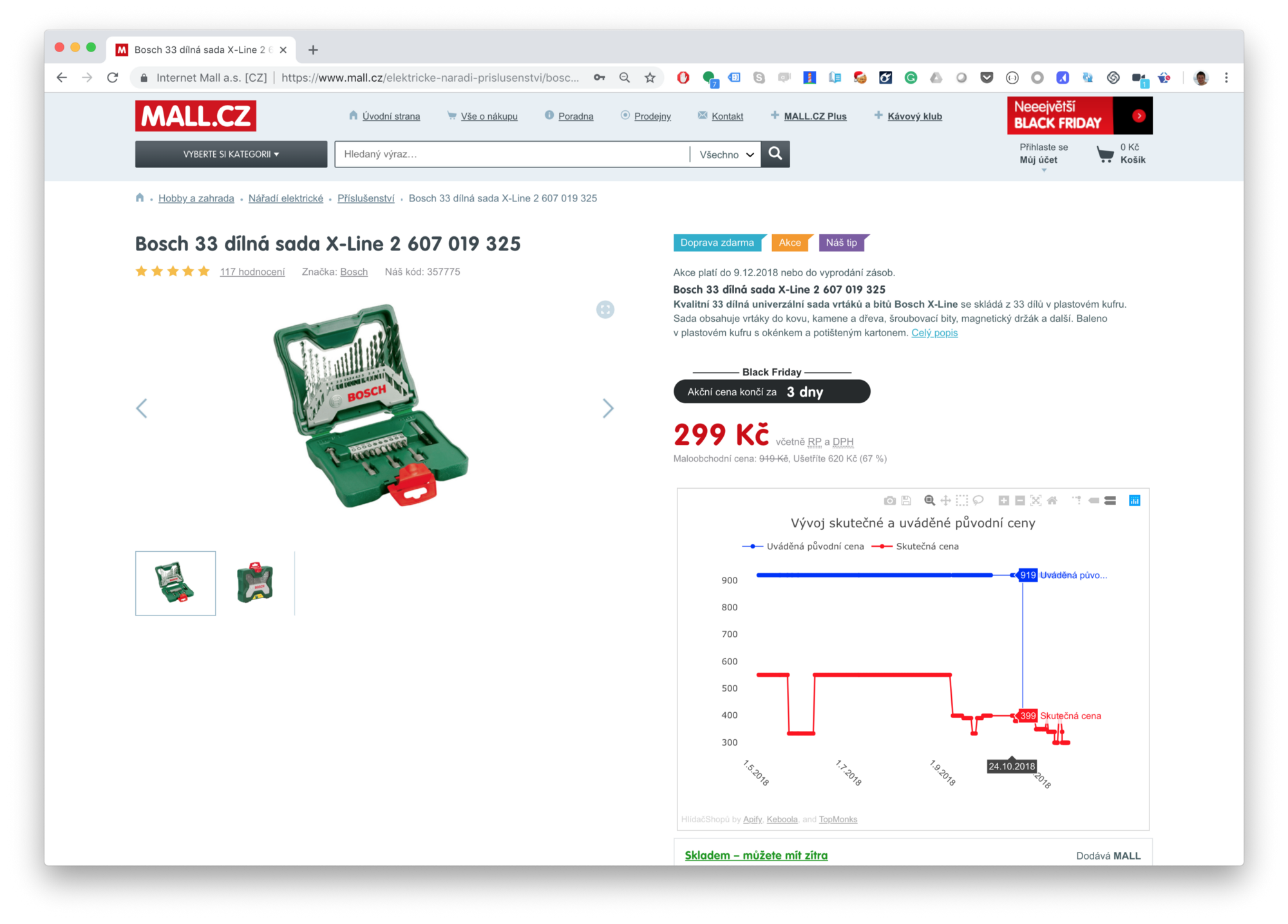 snímek obrazovky elektrického nářadí ve výprodeji na webu mall.cz z 919 Kč na 299 Kč
