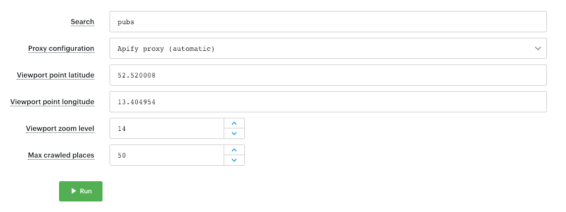 screenshot of a filled out input schema for Google Maps Scraper