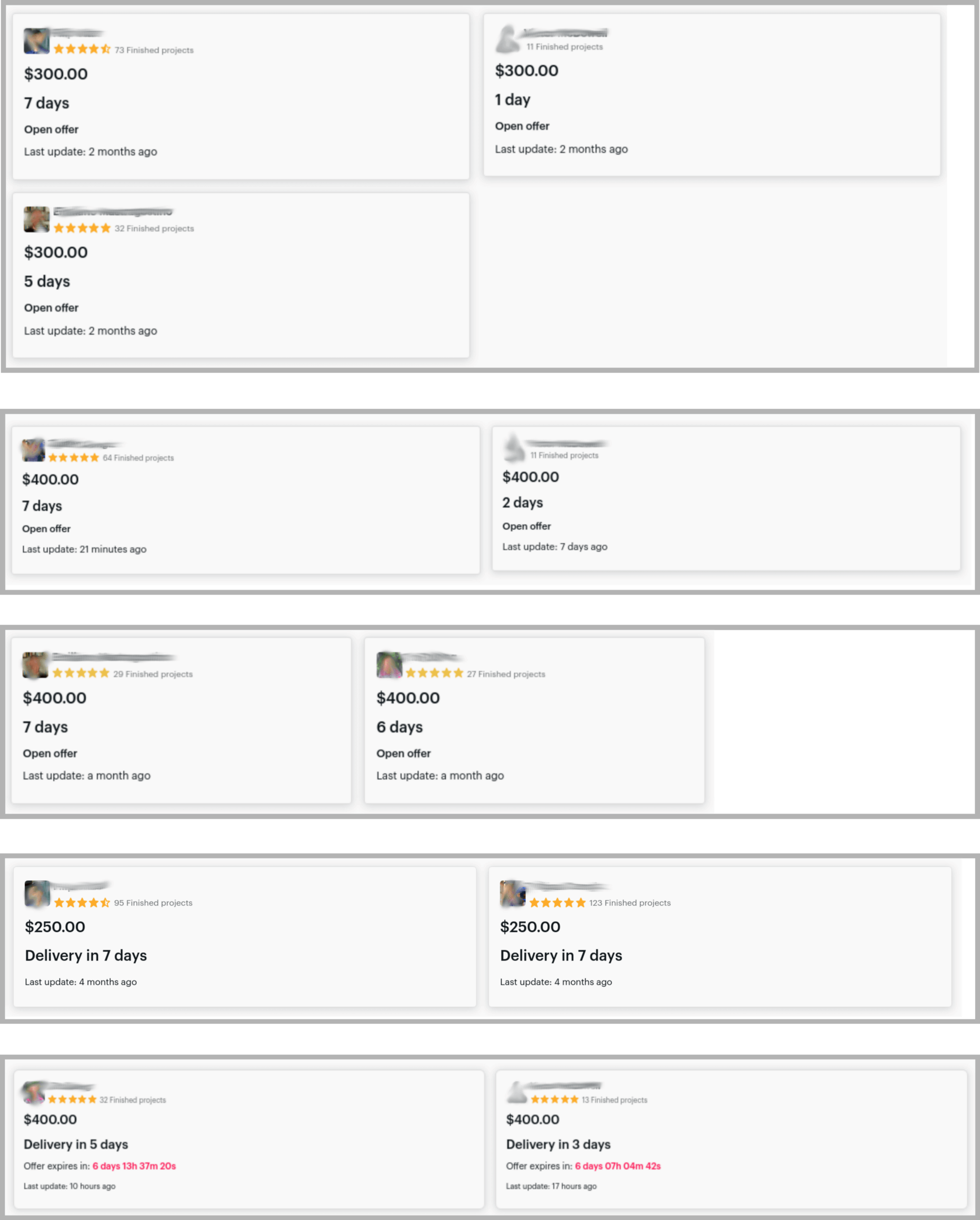 Screenshots showing the equal distribution of bids on projects posted on Apify Marketplace.