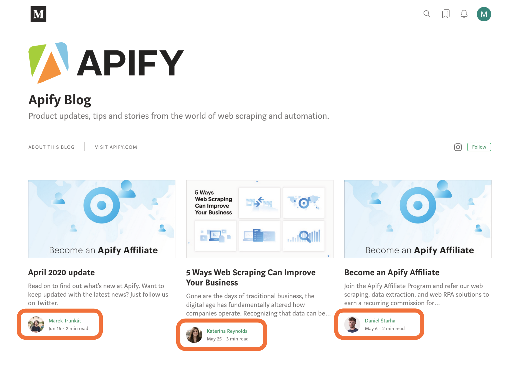 The Apify blog, which features posts from multiple authors