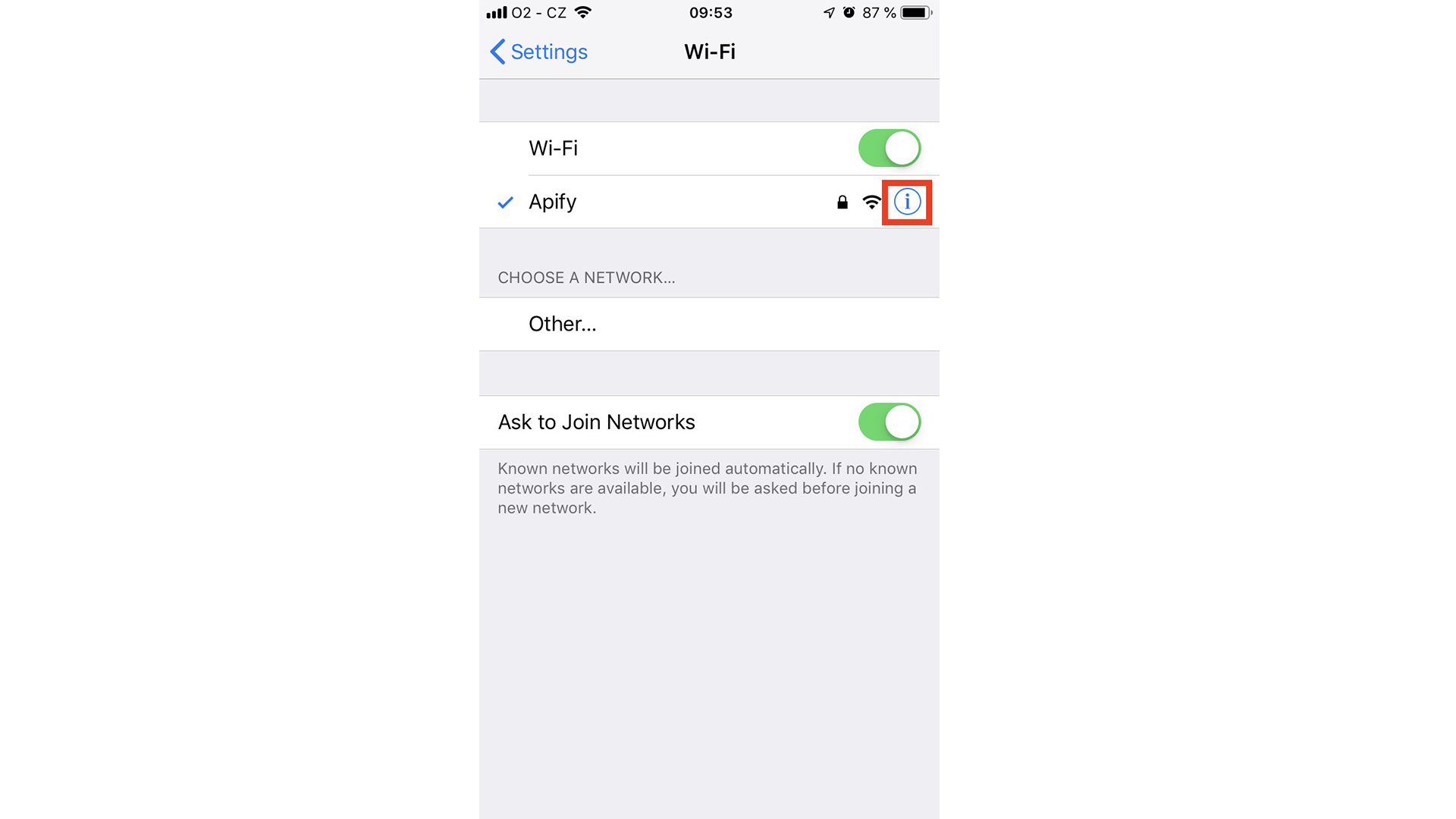 hilighted infortaion icon on the apify network in wifi settings of an iphone.