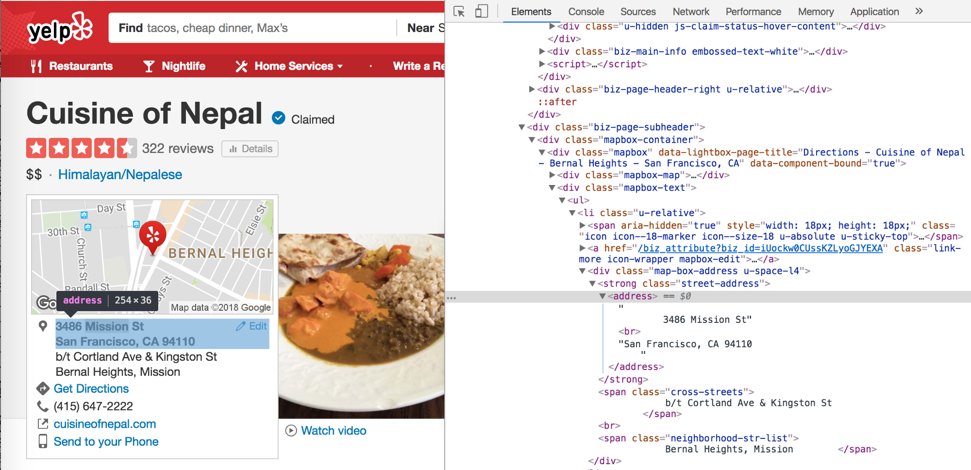 Inspecting item on yelp with the developer tools.