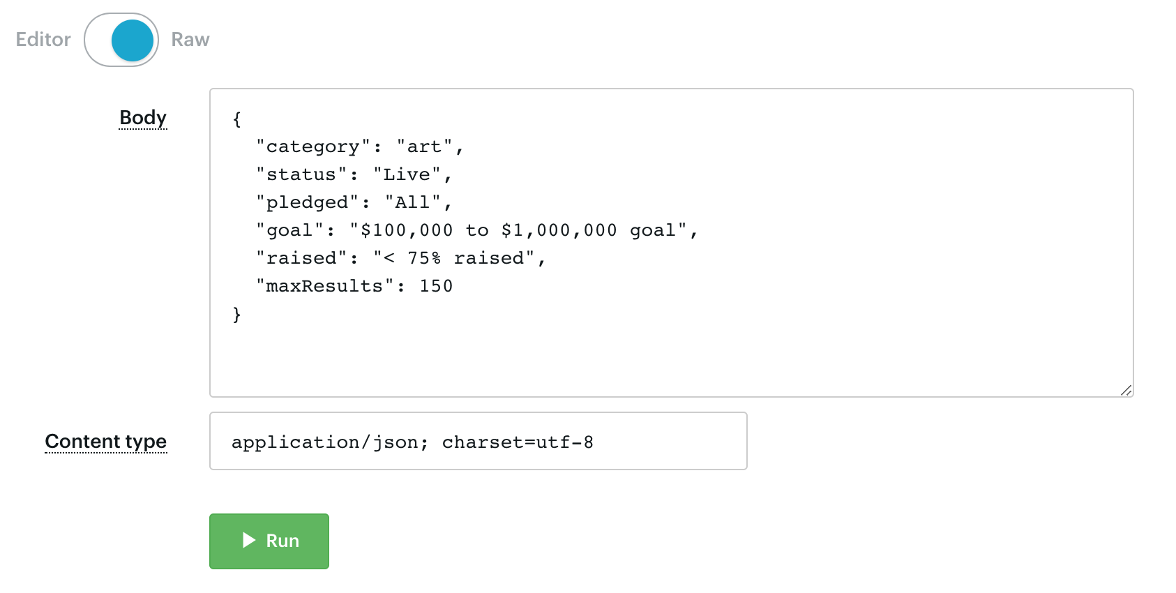 screenshot of input via raw JSON
