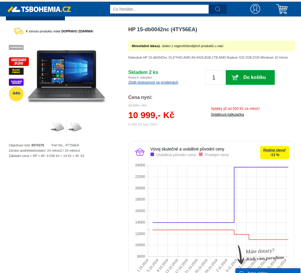 snímek obrazovky notebooku ve výprodeji na webu TSBOHEMIA z 23699 Kč na 10999 Kč