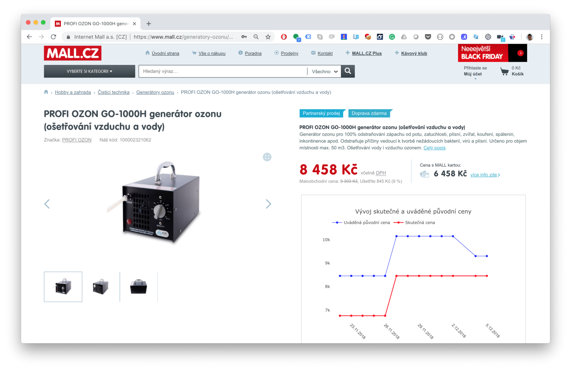snímek obrazovky generátoru ozonu, který se prodáva za cenu 8458 Kč na webu mall.cz