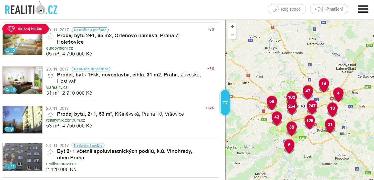 screenshot of search results page of properties in Prague via realitio.cz