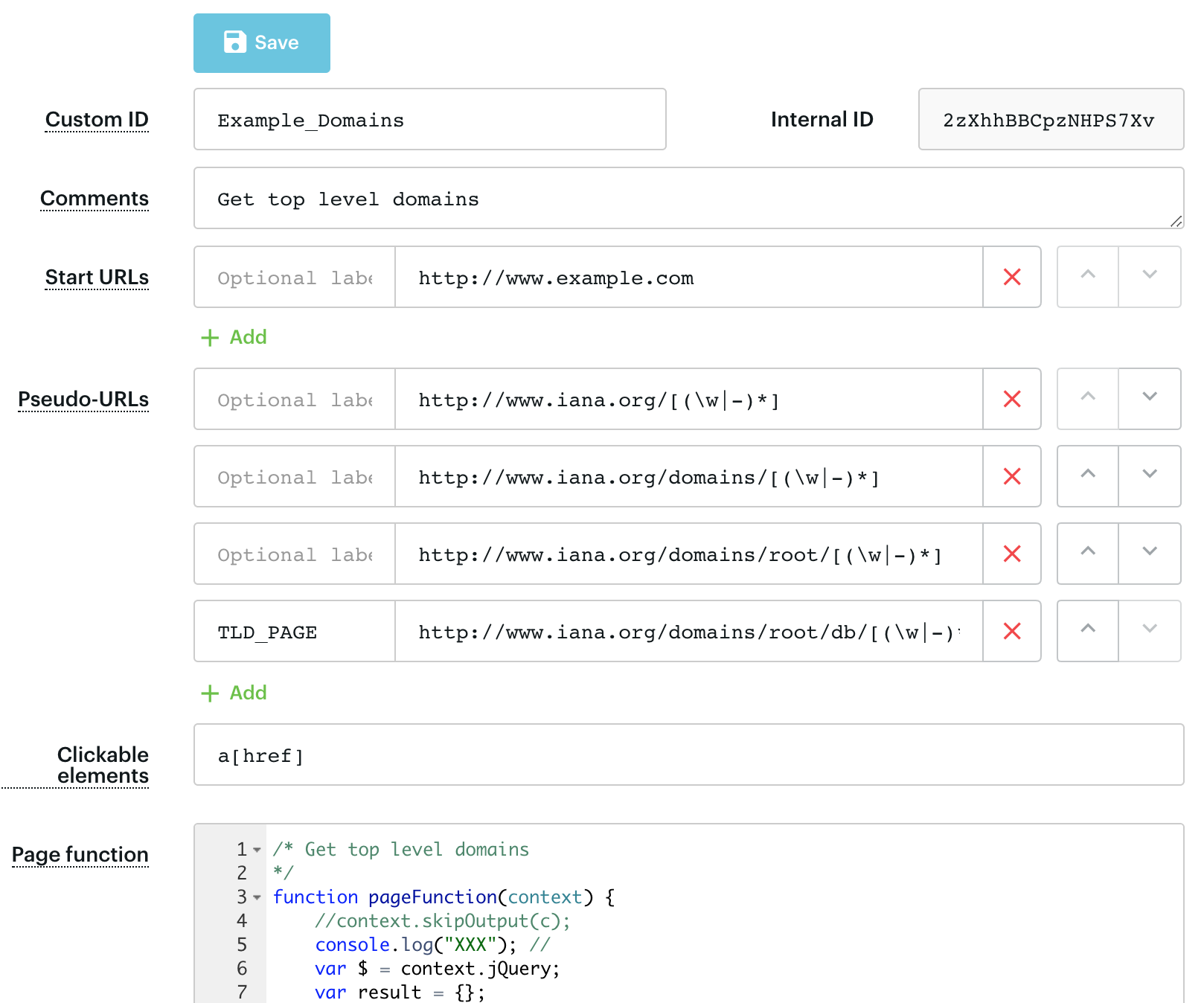 screenshot of the input of the original Apify crawler