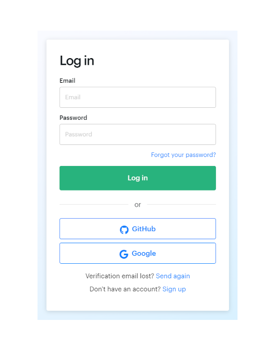 Login form with possibility to connect to github or google.