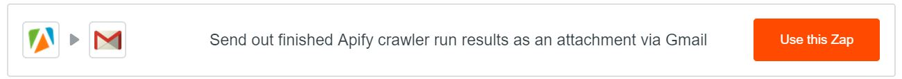 Gmail integration with text: "Send out finished Apify crawler run results as an attachment via Gmail"