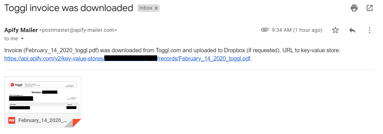 screenshot of a received e-mail from Apify Mailer with an attached invoice and notifying the user of a downloaded invoice which can be uploaded to Dropbox (if requested)