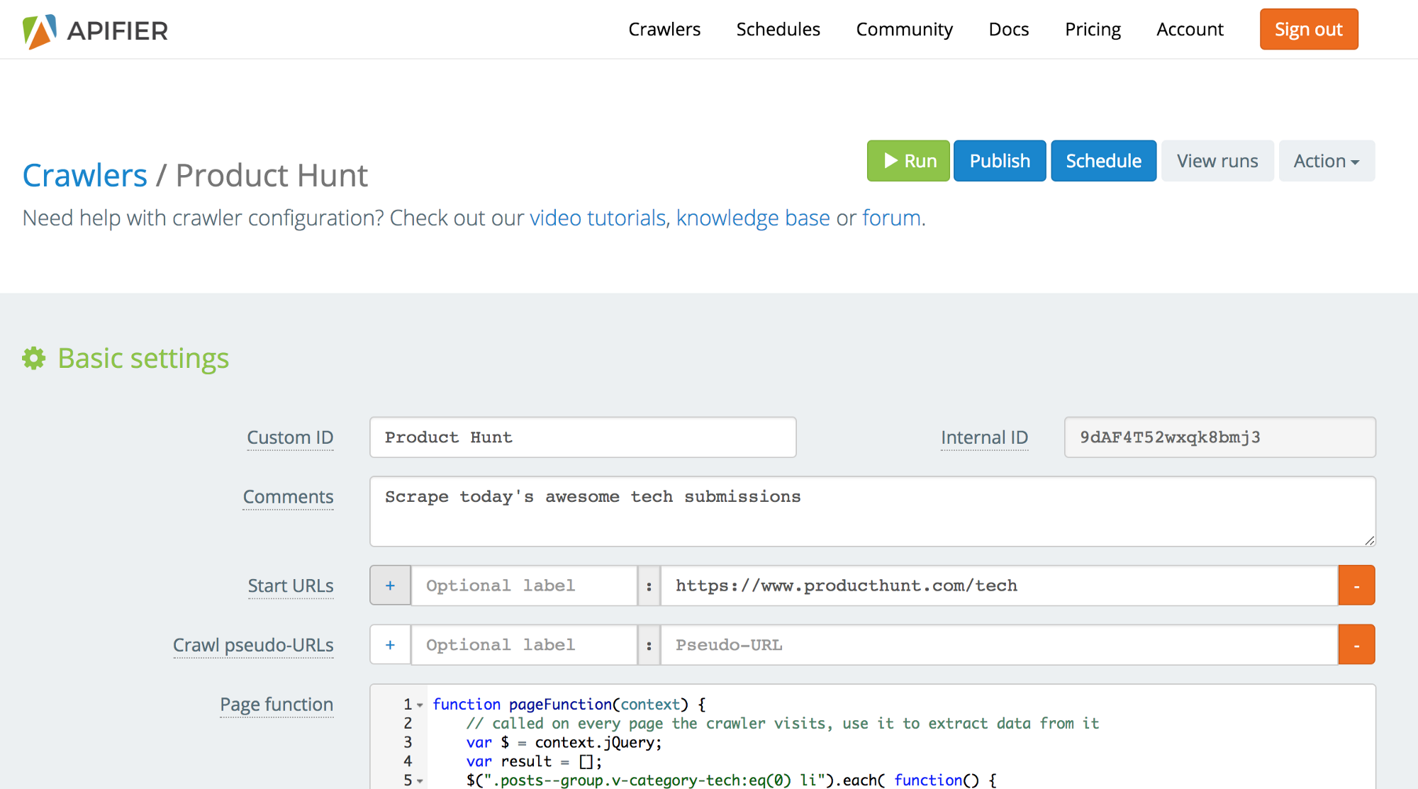 screenshot of an Apifier input schema from 2016