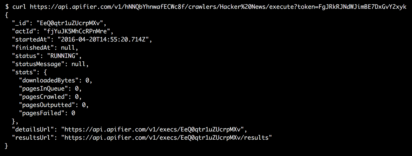 Screenshot of JSON data from the earliest version of the Apify API