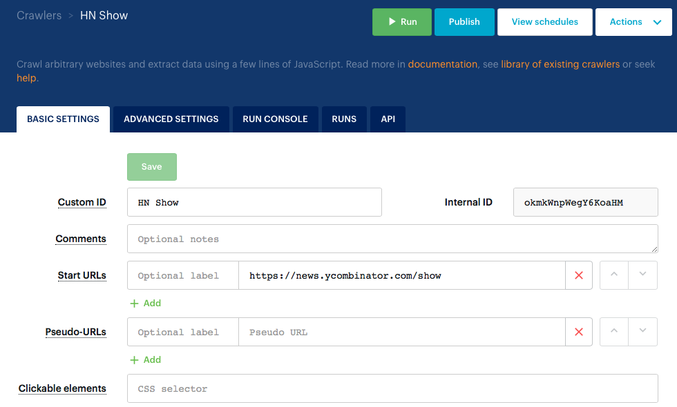 screenshot of the Basic Settings for the HN Show Crawler
