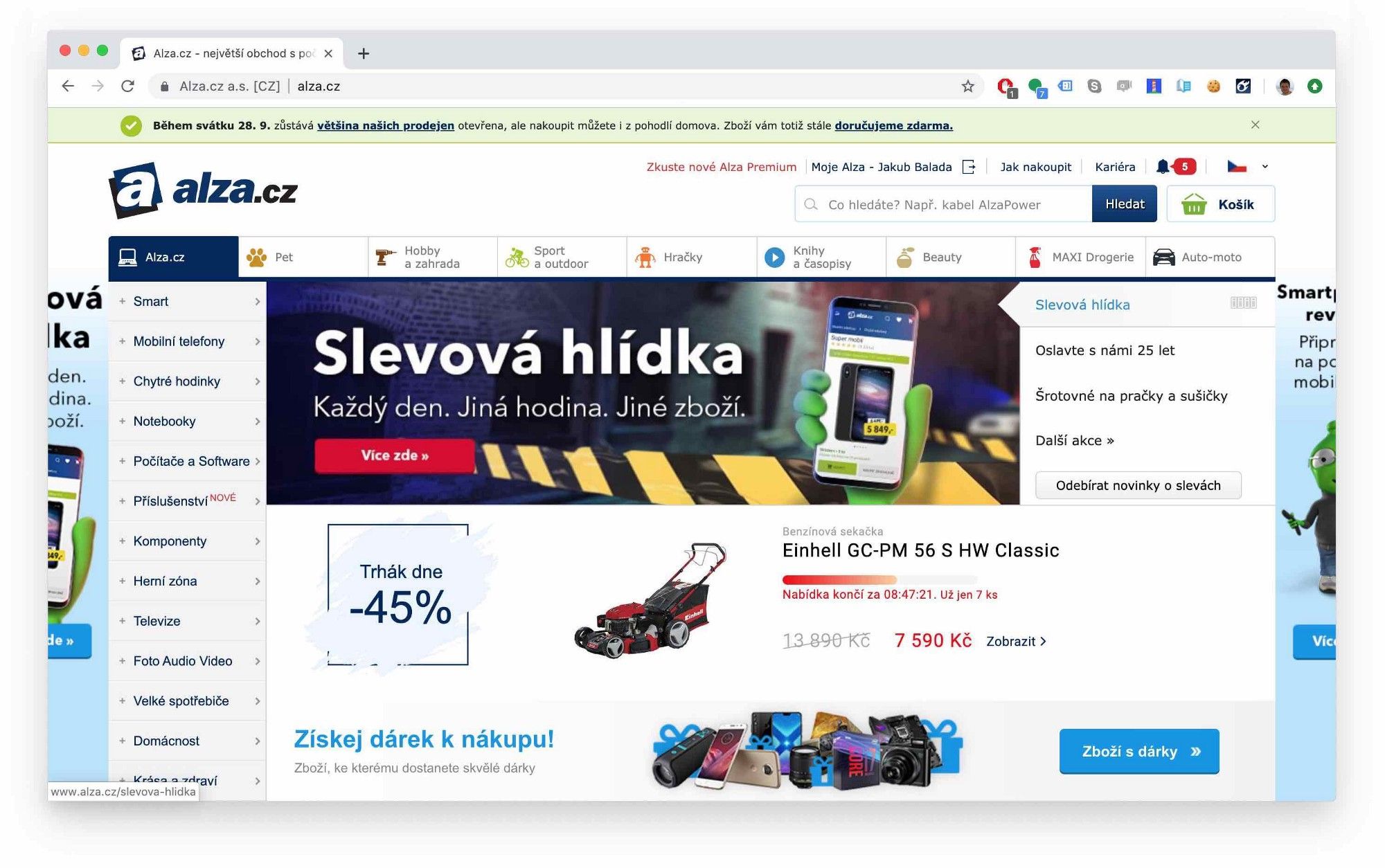 snímek obrazovky bubnové sekačky ve výprodeji na webu alza.cz propagované jako "Trhák dne" z 13890 Kč na 7590 Kč