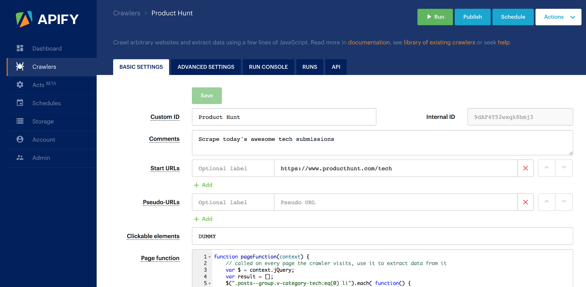 screenshot of an input schema in Apify's new design