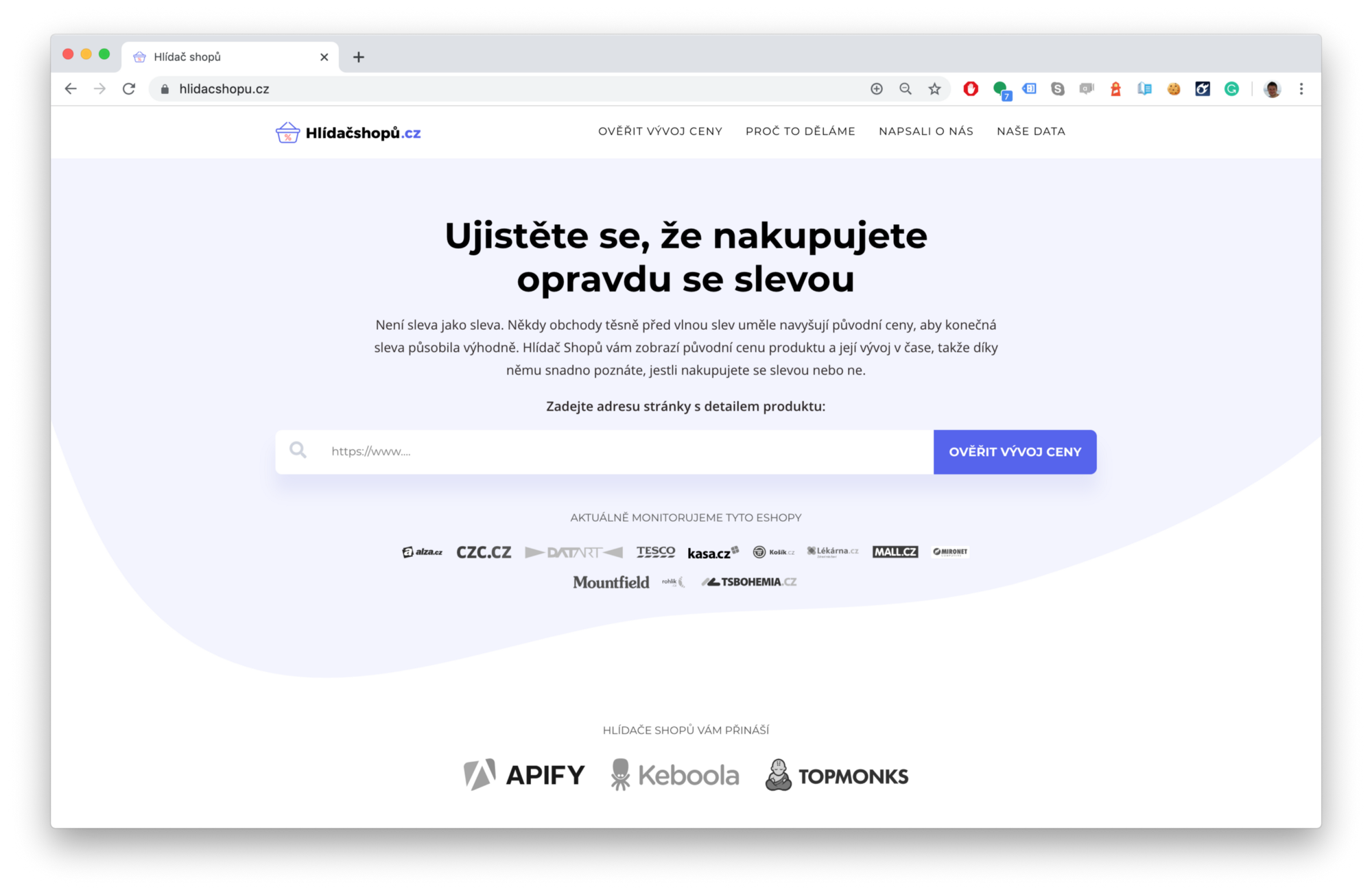 snímek obrazovky domovské stránky hlidacshopu.cz