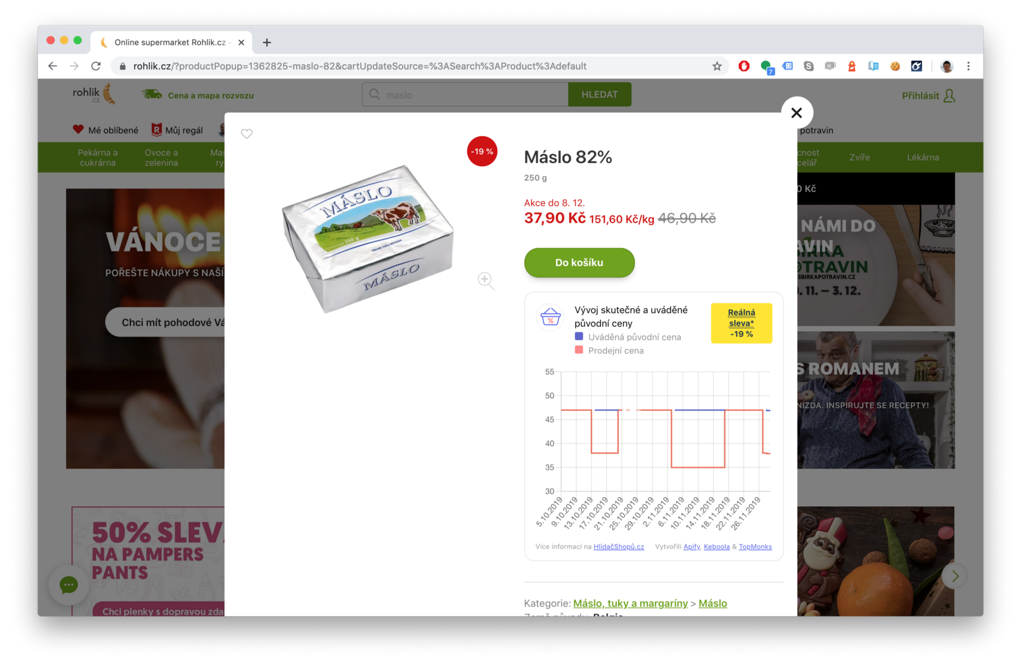 snímek obrazovky masla ve výprodeji na webu rohlik.cz z 46,90 Kč na 37,90 Kč