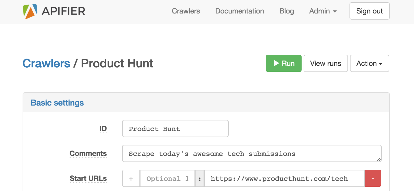 Apifier crawlers with id product hunt.