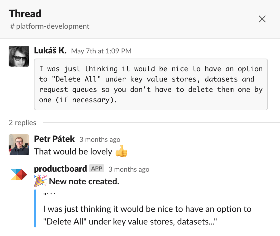 Sending insights from Slack to productboard