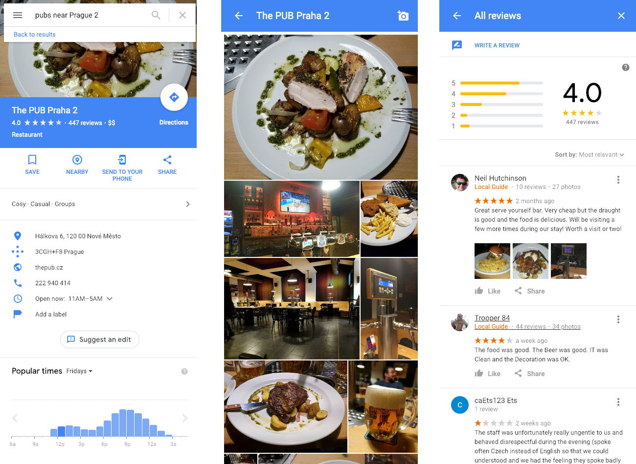 3 screenshots of a "pubs near Prague 2" search result on Google Maps with photos and reviews of the restaurant