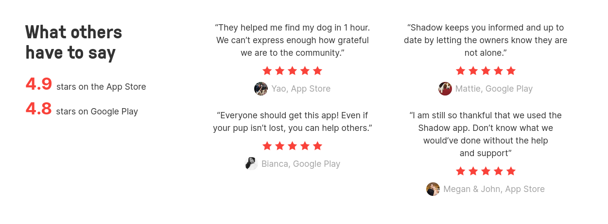 "What others have to say" title with 4 positive reviews from the App Store and Google Play store