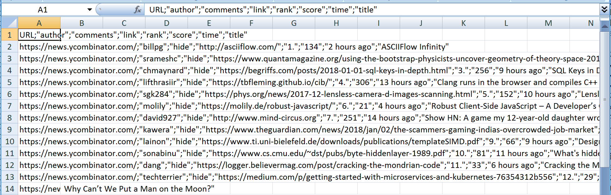 screenshot of exported dataset in Excel