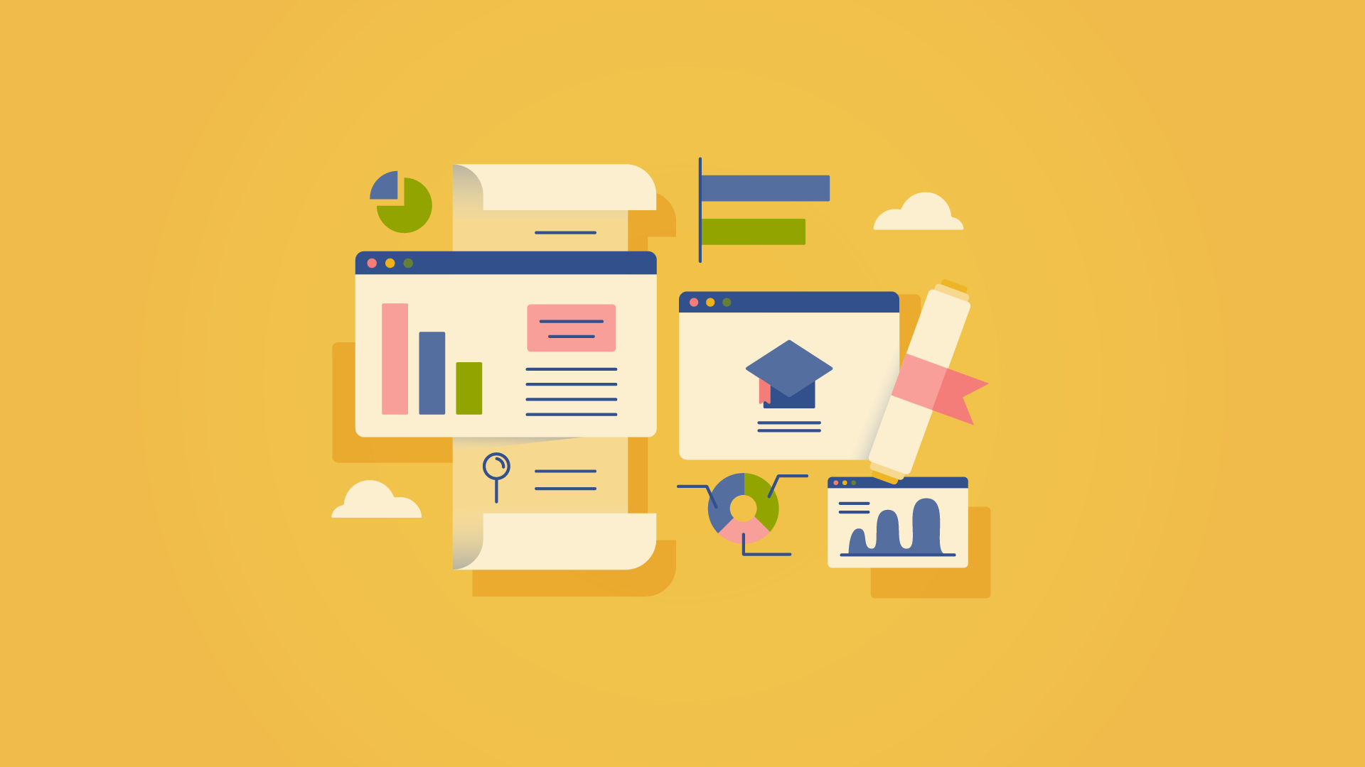 Illustrations of diplomas, charts and browser windows on a yellow background.