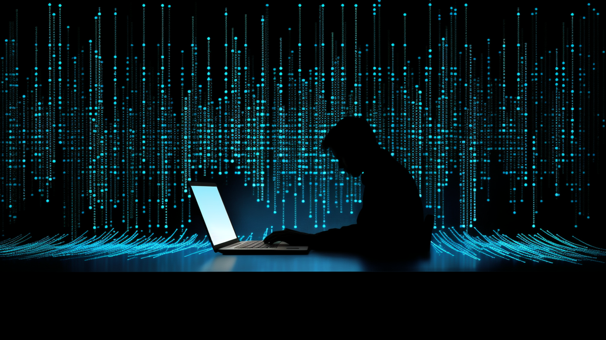 What is web scraping? Illustration of developer using a computer with sheets of glowing data falling.