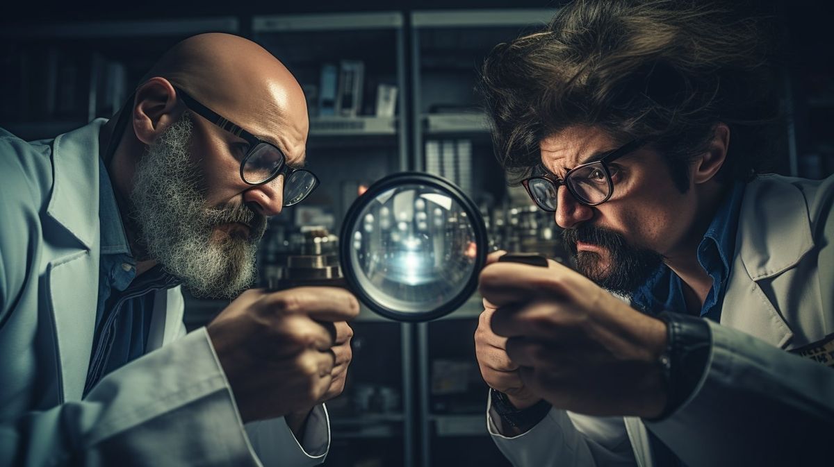 Glob vs. regex: old and young data scientist puzzling over a magnifying glass
